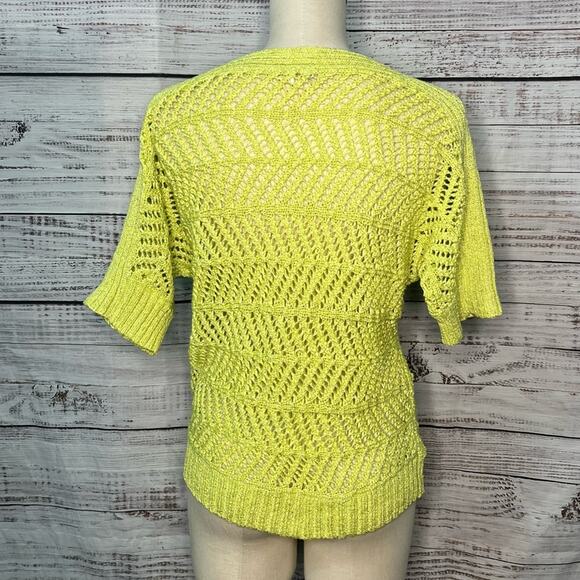 Chico's Size 1 Medium Open Knit Sweater Lime Green Half Sleeve Coastal Summer - Picture 5 of 9